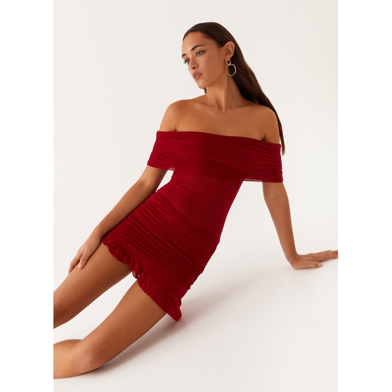 Nelly Off Shoulder Mini Dress – Deep Red