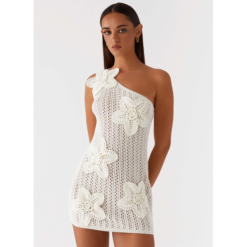 Afterglow One Shoulder Crochet Mini Dress – Ivory