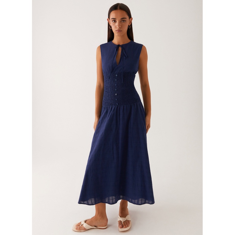 Belle Shirred Waist Midi Dress – Navy