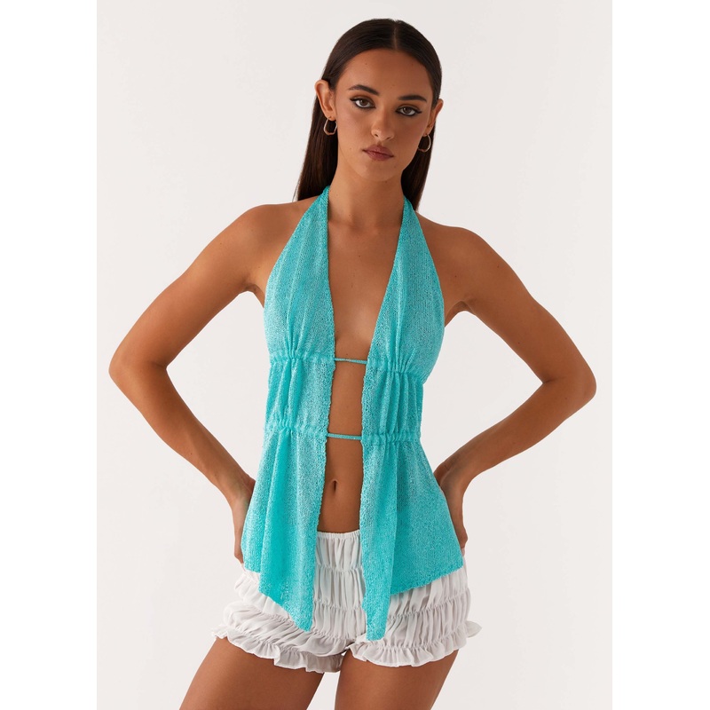 Callie Ruched Halterneck Top – Turquoise