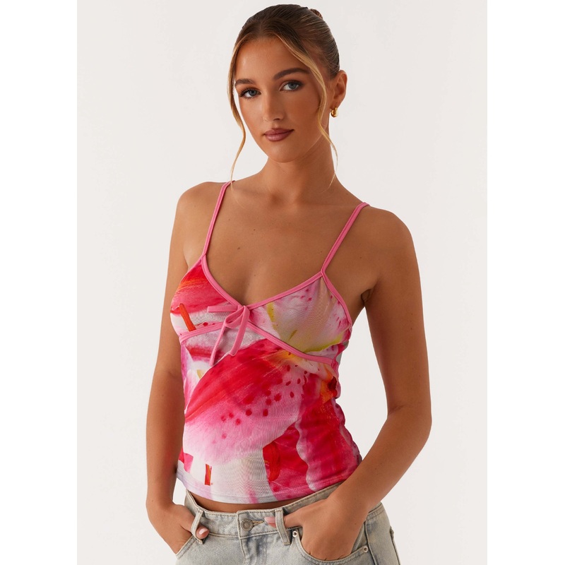 Claudie Mesh Top – White Pink Lilly