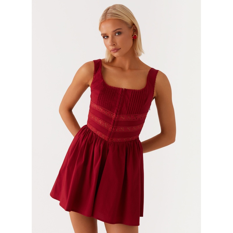 Eleanor Lace Trim Mini Dress – Red