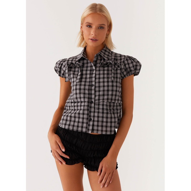 Lorraine Puff Sleeve Top – Black White Check