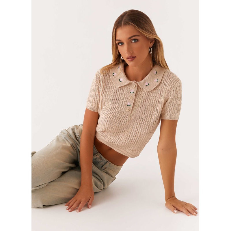 Aubrielle Knit Collar Top – Cream