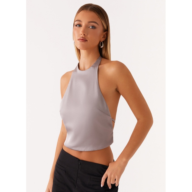 Bree Satin Halterneck Top – Grey