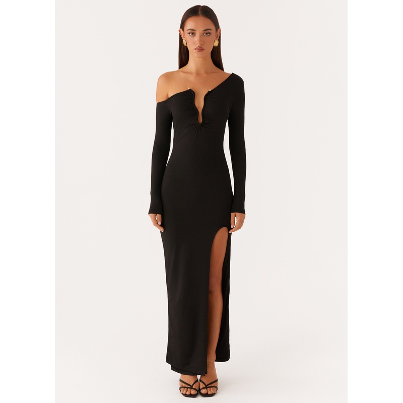 Claudette Asymmetric Long Sleeve Maxi Dress – Black