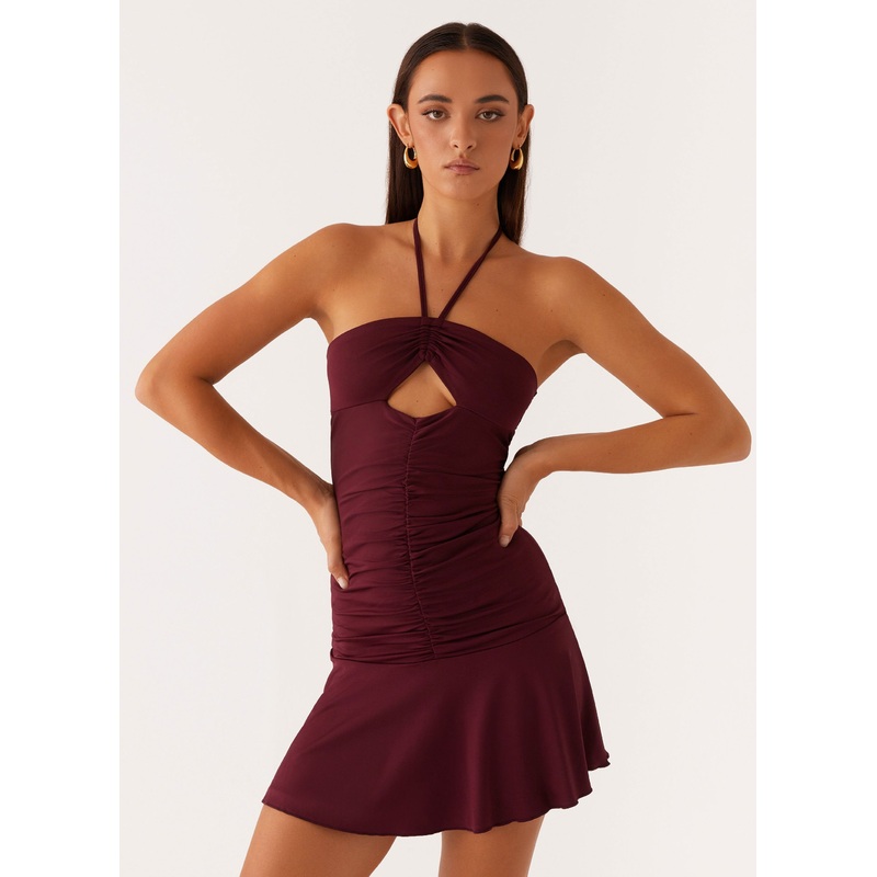 Katrina Halterneck Mini Dress – Deep Maroon