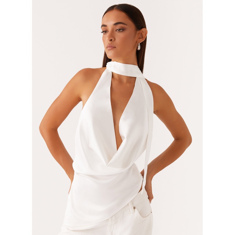Nina Halterneck Scarf Top – White