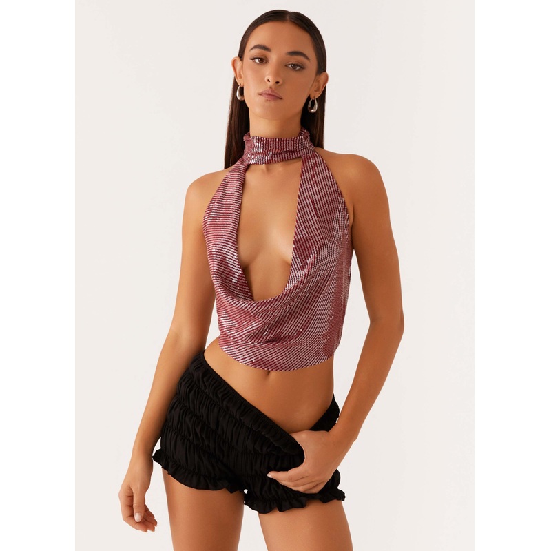 Nora Sequin Cowl Top – Red