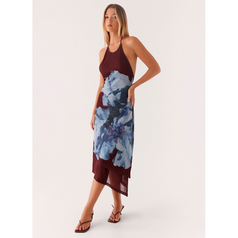 Brinley Halterneck Midi Dress – Maroon Print