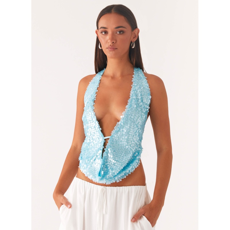 Rio Dreams Cowl Neck Halter Top – Turqoise