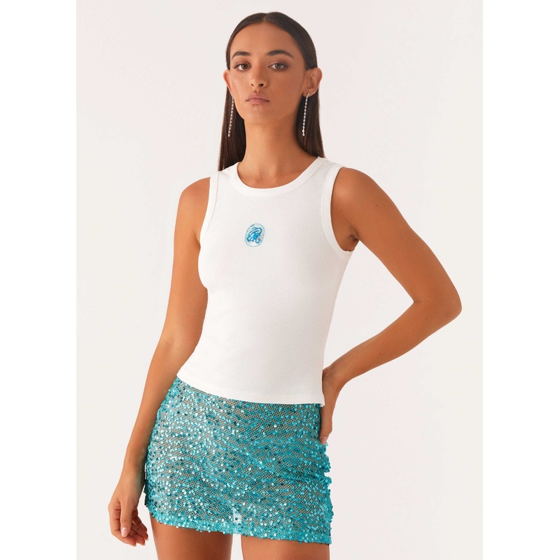 Signature Beaded Logo Tank – White