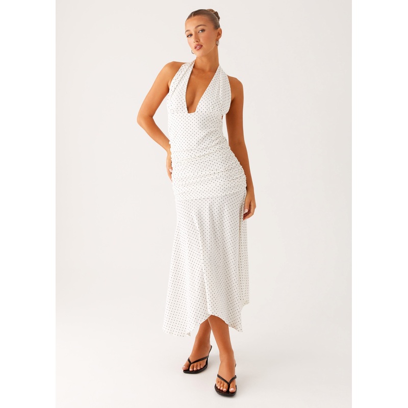 Grettana Halter Neck Midi Dress – White Polka Dot