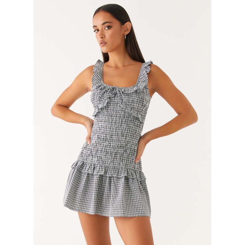 Mali Shirred Mini Dress – Checker