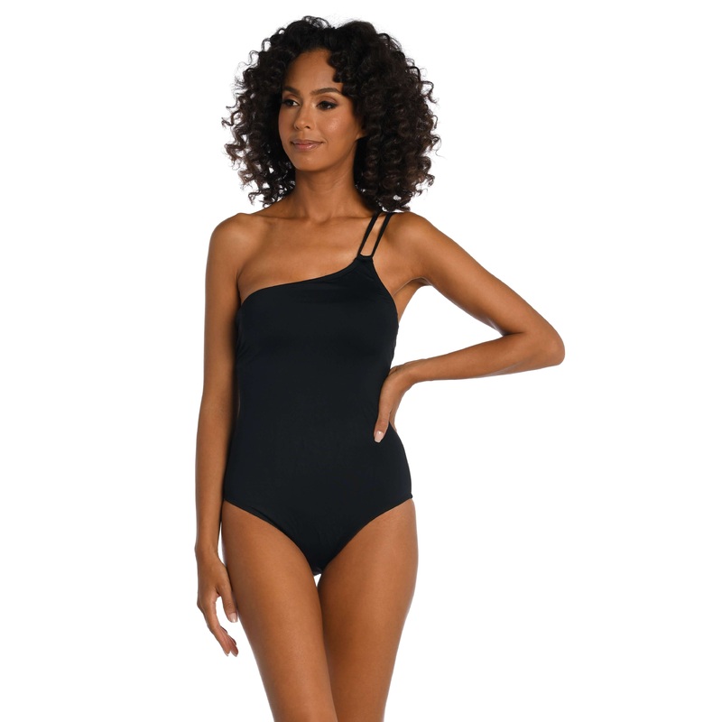 Island Goddess Lace Back One Shoulder One Piece – Black – FINAL SALE