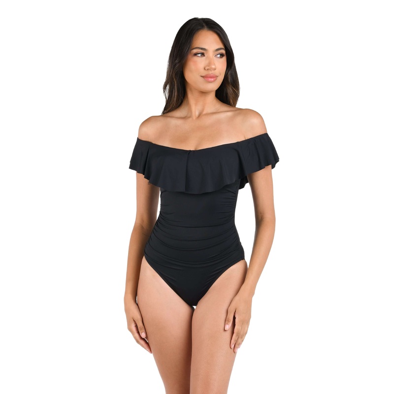 Island Goddess Off Shoulder Ruffle One Piece – Black
