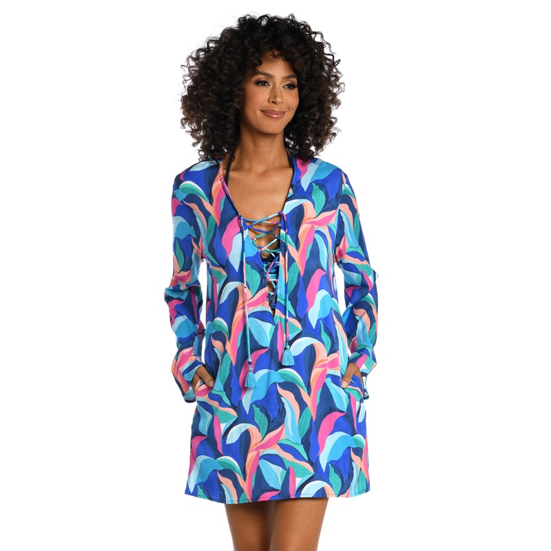 Painted Leaves Lace Up V-Neck Tunic (Final Sale)