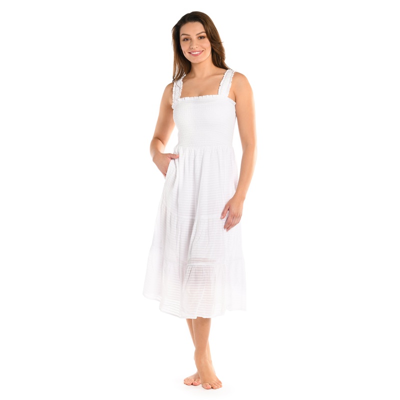 Shadow Stripe Tiered Midi Dress – White – FINAL SALE