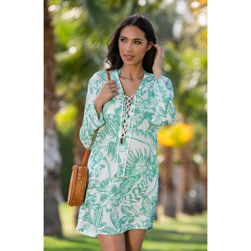 Batiki Balinese Lace Up V-Neck Tunic Cover Up