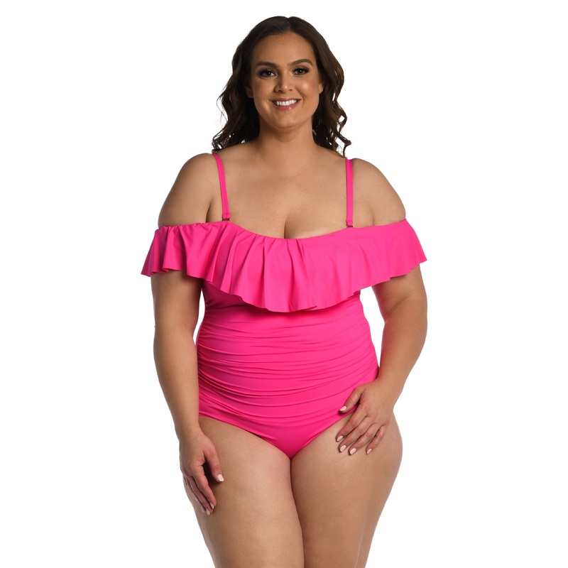 Island Goddess Off Shoulder Ruffle One Piece – Pop Pink – FINAL SALE