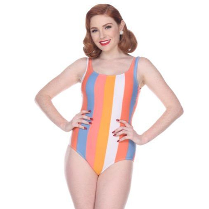 Bettie Page Striped One-Piece Tank Swimsuit B01170 – Sherbet