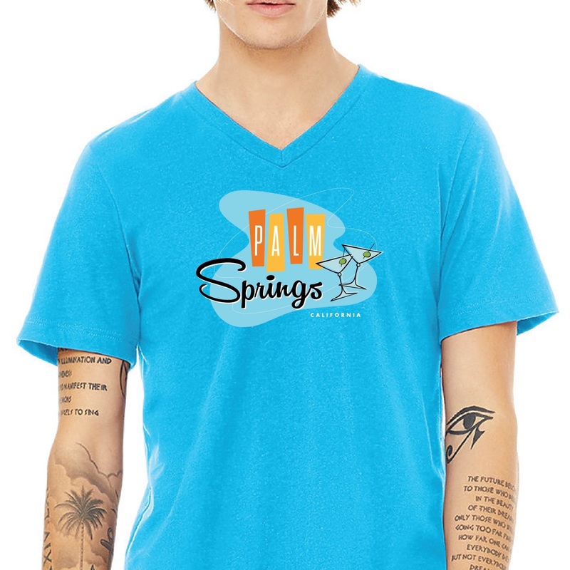 Unisex V-neck Shirt – Palm Springs Retro Martini – Neon Blue