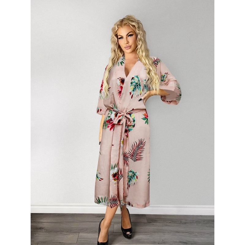 Ladies Sexy Floral Rose Printed Long Robe In Peach – Lovely Lies