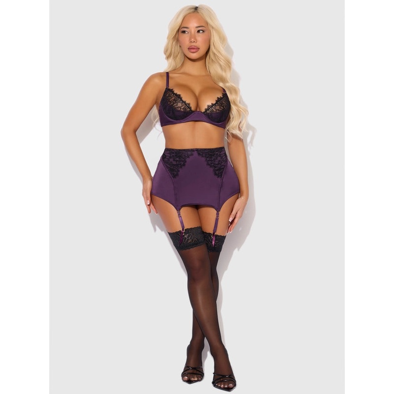 Jocelyn Satin & Lace Garter In Purple & Black- House of Desire