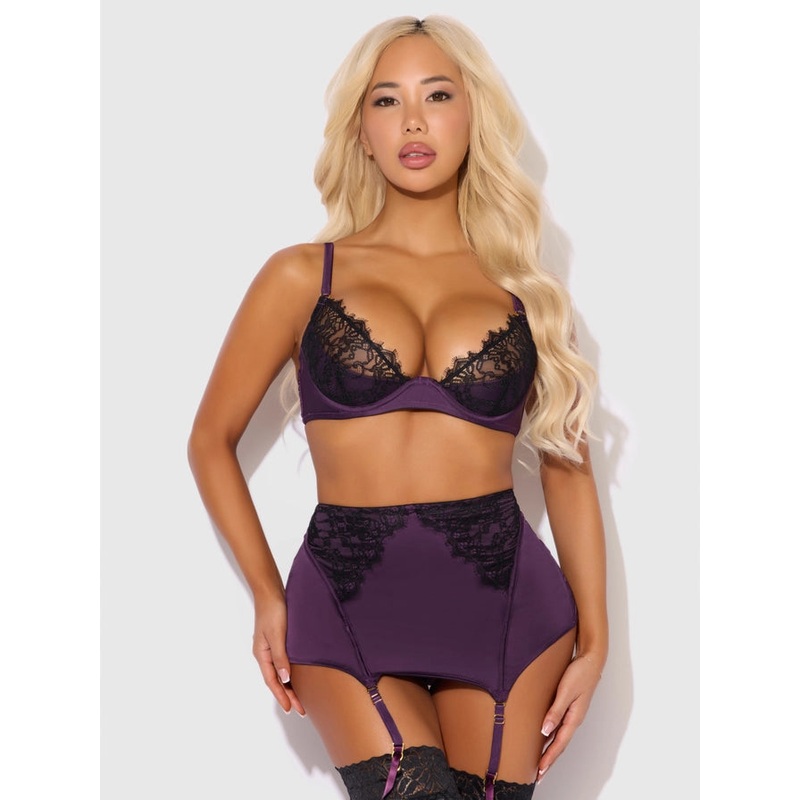 Jocelyn Satin & Lace Push Up Bra In Purple & Black- House of Desire