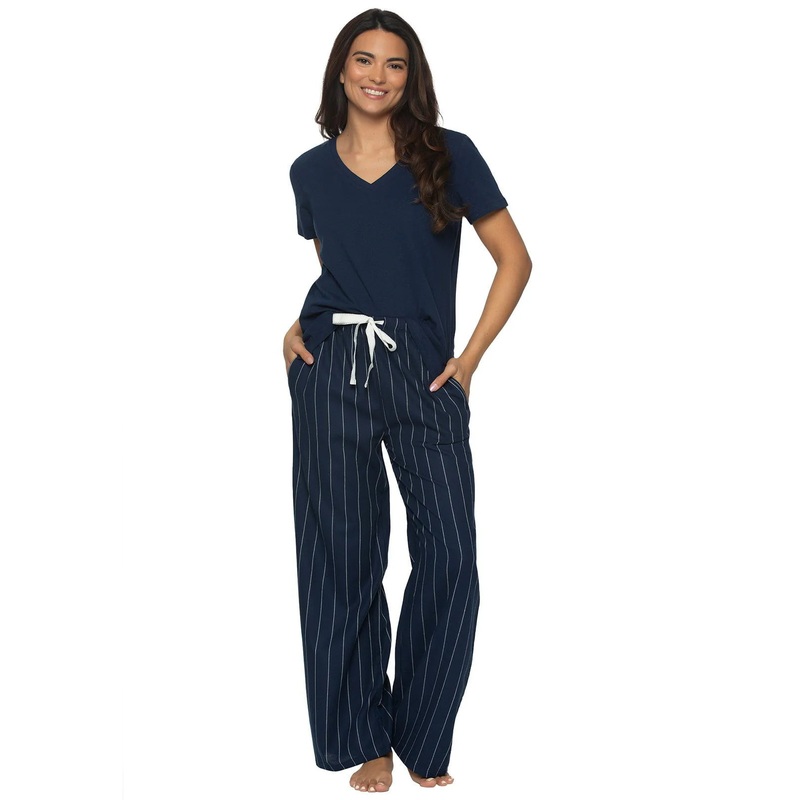 Mirielle Cotton V-Neck Top And Pant Set In Peacoat & Ivory Pinstripe – Felina