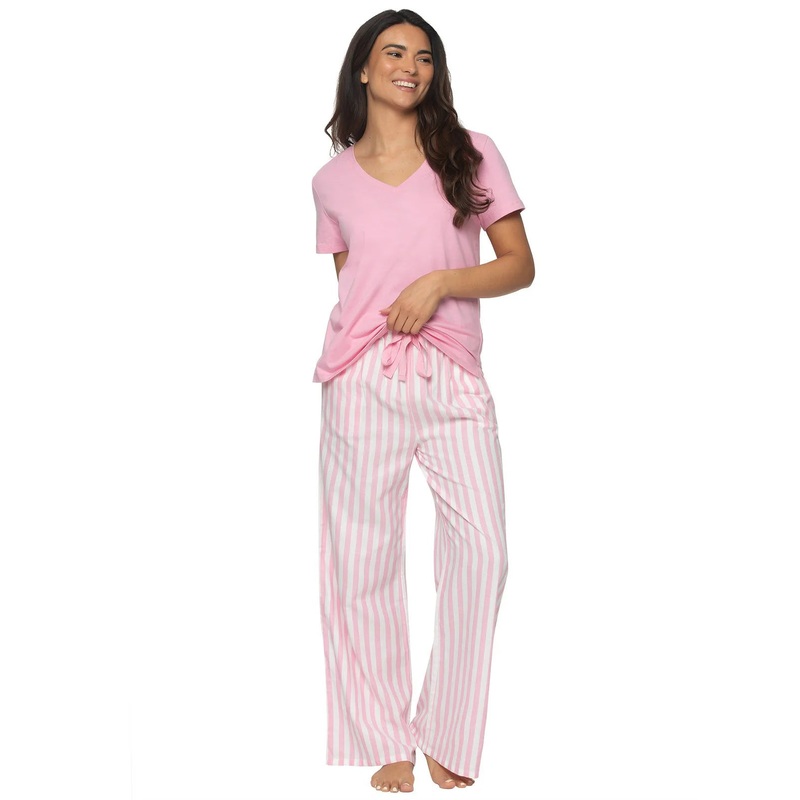 Mirielle Cotton V-Neck Top And Pant Set In Sea Pink Stripe – Felina