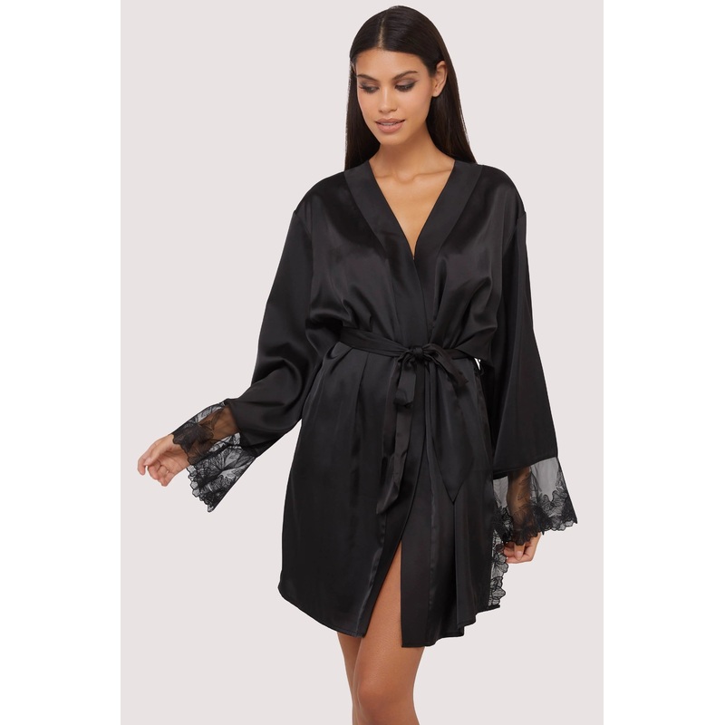 Eleanor Black Satin And Embroidery Robe In Black – Playful Promises