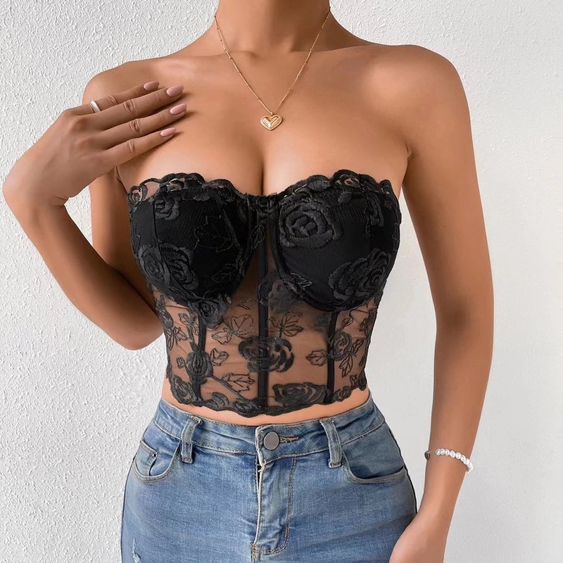 Ladies Sexy Floral Lace Strapless Corset in Black – Lovely Lies
