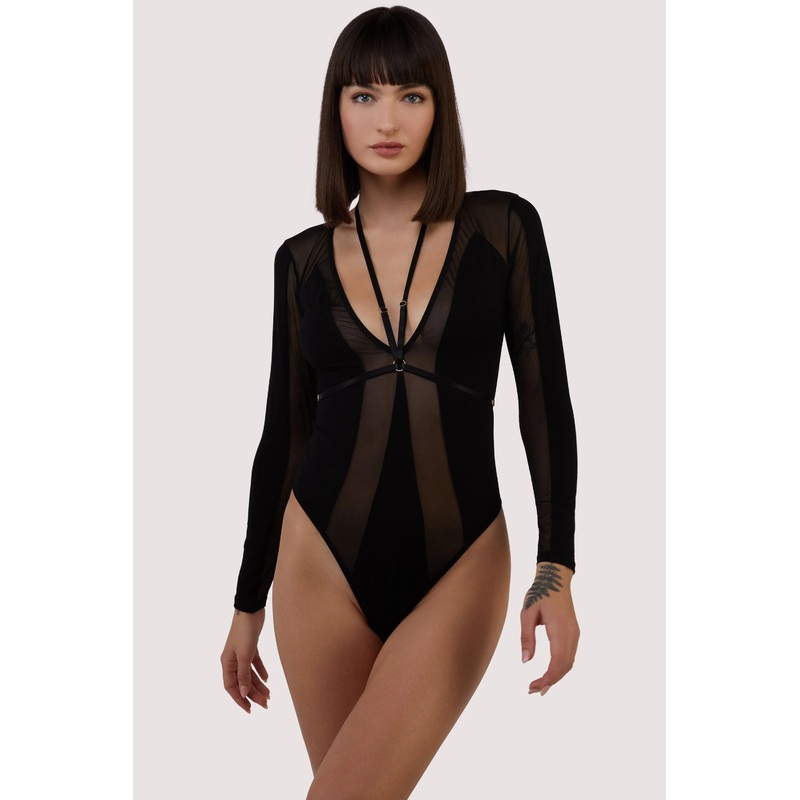 Morgan Panelled Mesh And Micro Plunge Body In Black – Wolf & Whistle