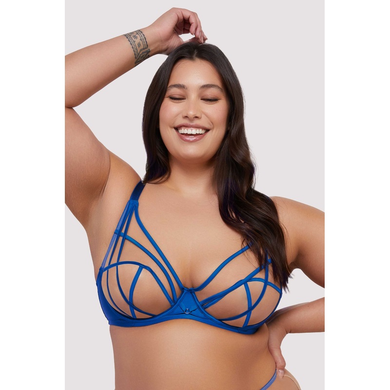Ramona Strap Detail Illusion Mesh Plunge Bra In Cobalt – Playful Promises