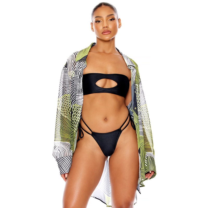 Yucatan Chiffon Button Up Pool Shirt In Black Wave – Forplay