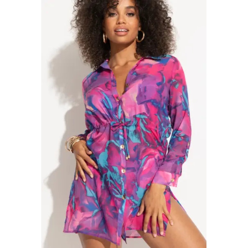 Chiffon Button Through Beach Shirt  In Purple – Pour Moi