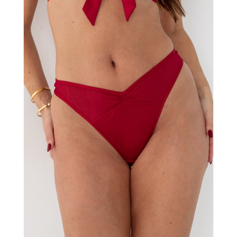 All Yours Satin And Mesh Thong In Red – Pour Moi