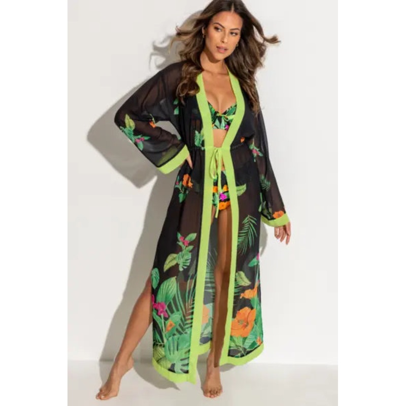 Colour Block Maxi Chiffon Kimono In Tropical  – Pour Moi