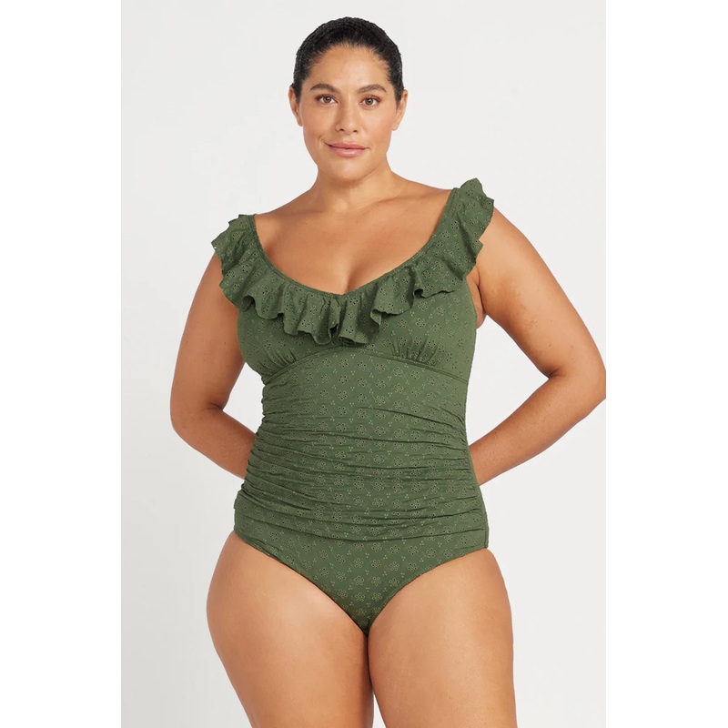 Mellifluous Frill Neck Swimsuit In Khaki – ArteSands