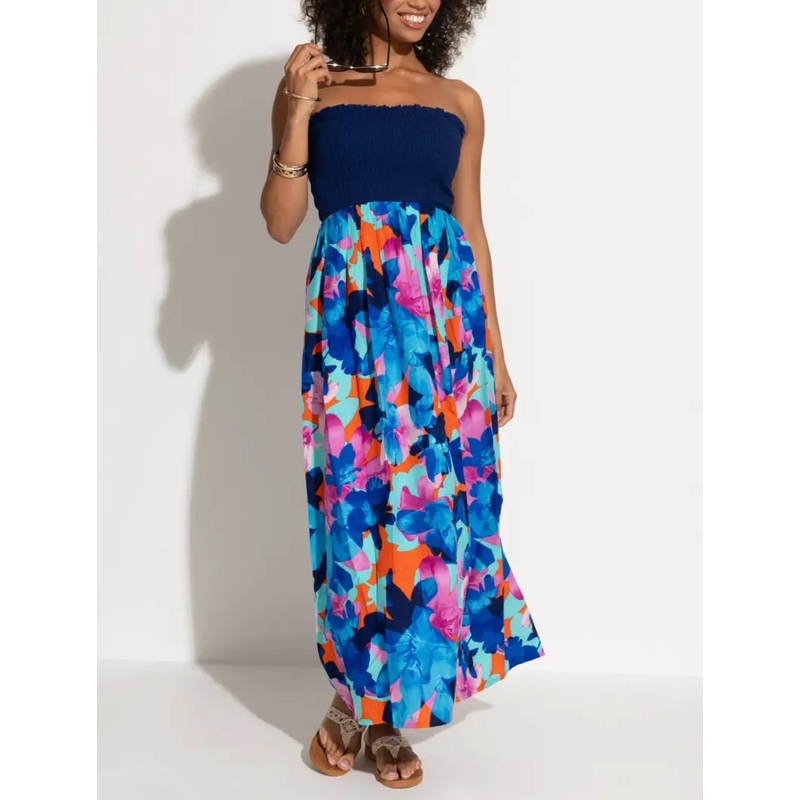 Removable Straps Shirred Bodice Maxi Dress In Aqua Floral – Pour Moi