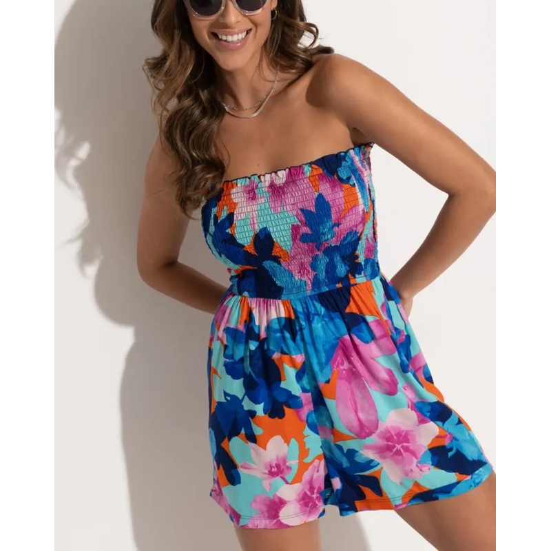 Strapless Shirred Bodice Beach Playsuit In Aqua Floral – Pour Moi