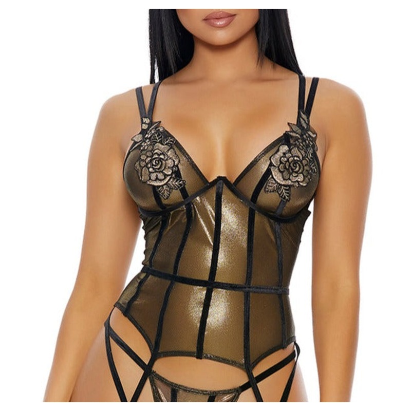Nothing But Trouble Floral Embroidered Basque In Metalic Gold & Black – Forplay