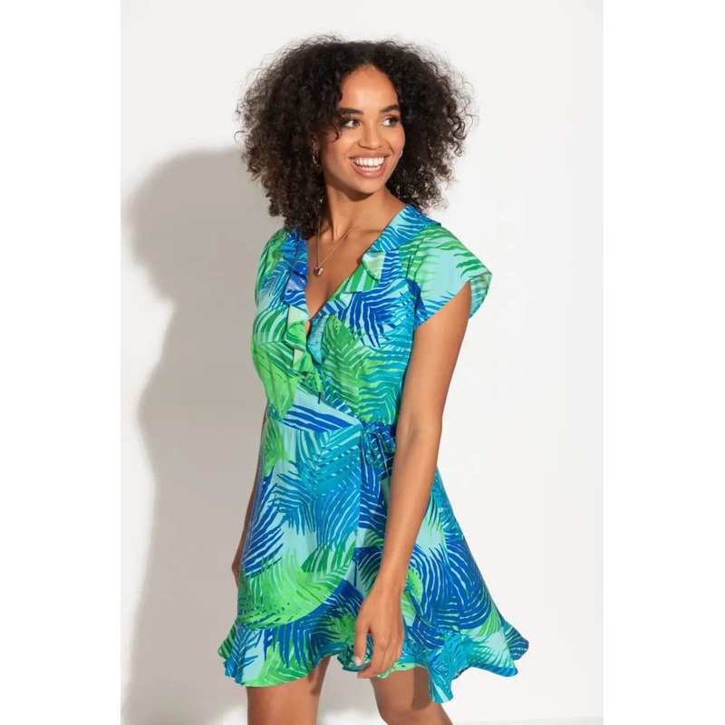 Lenzing Ecovero Viscose Frill Wrap Beach Dress In Aqua Palm – Pour Moi