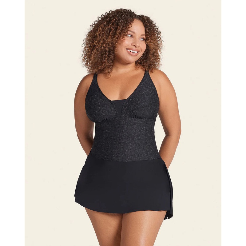 Shiny Slimming Swimsuit Dress In Shiny Black – Leonisa