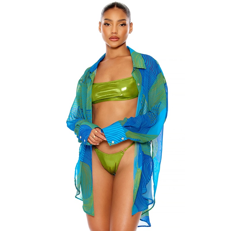 Yucatan Chiffon Button Up Pool Shirt In Teal Wave – Forplay