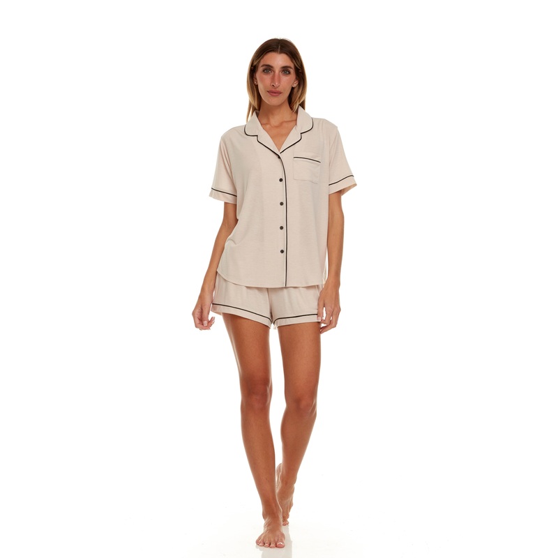 Annie Notch Collar Short Set In Beige – Flora Nikrooz