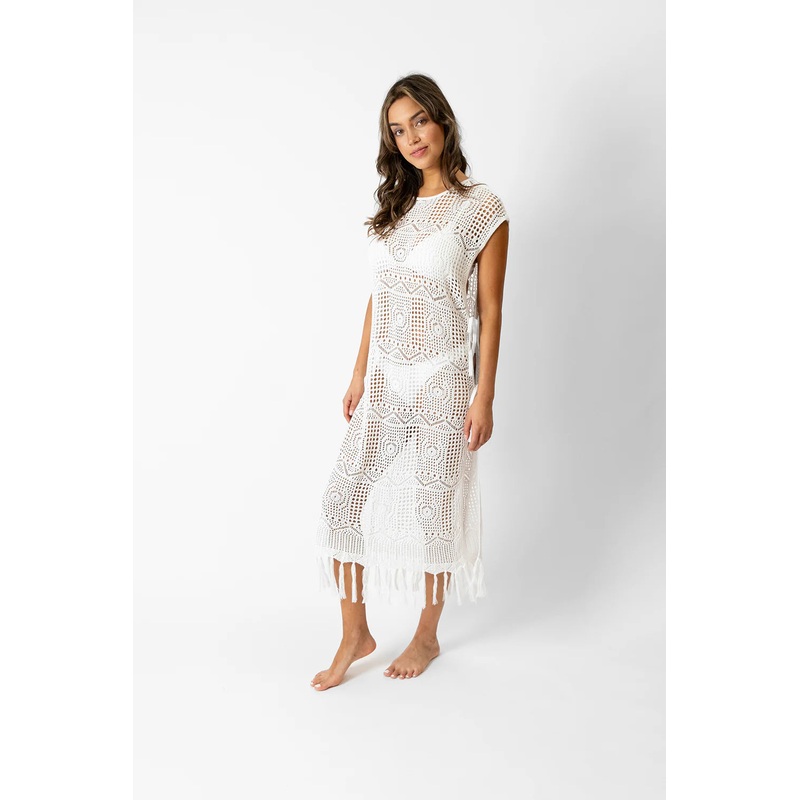 Santorini Fringe Open Knit Dress In Cream – Koy Resort