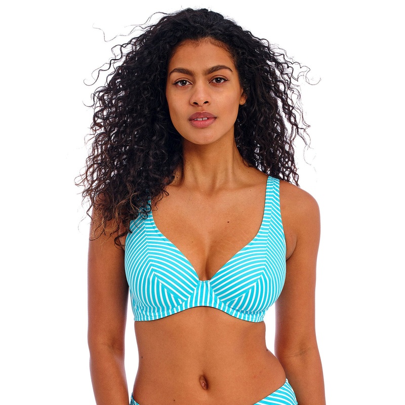 Jewel Cove High Apex Bikini Top In Stripe Turquoise – Freya