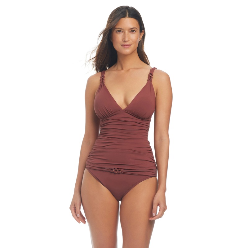 Ring Master 25 Ring Detail Over The Shoulder Tankini Top In Chipotle – Bleu